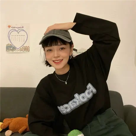 红续2023新款小个子少女感小众长袖t恤女卫衣宽松春秋打底衫内搭图片