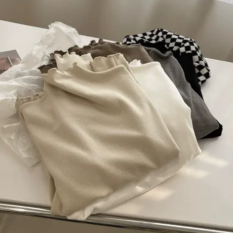 韩版简约纯色坑条木耳边长袖t恤女修身显瘦内搭打底衫上衣秋冬潮图片