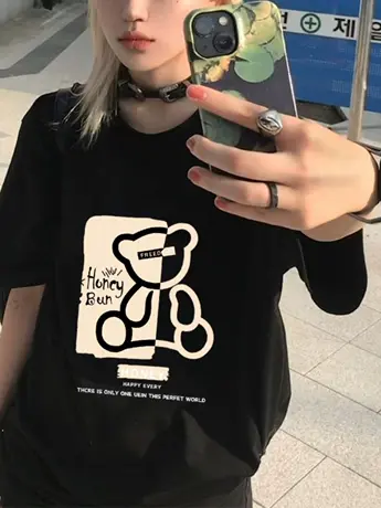 黑色仿棉短袖t恤女2023新款夏季美式复古机能风辣妹甜酷小上衣服商品大图