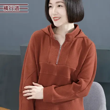 2025春季新款连帽宽松胖MM中年妈妈长袖卫衣女半开领拉链上衣外穿商品大图