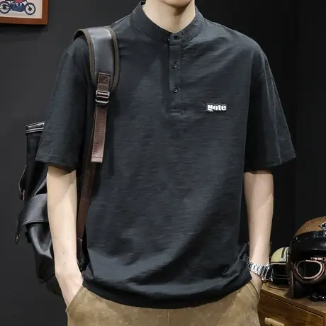 竹节棉polo衫男潮牌短袖t恤男士24新款大码夏季黑色男装重磅体恤商品大图