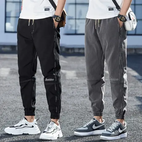 松紧腰抽绳牛仔裤男士2024年新款潮夏季薄款宽松束脚男裤子高弹力图片