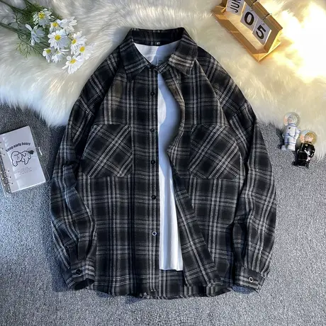 夏季格子衬衫男长袖潮宽松日系港风韩版潮流帅气复古港味薄款衬衣商品大图