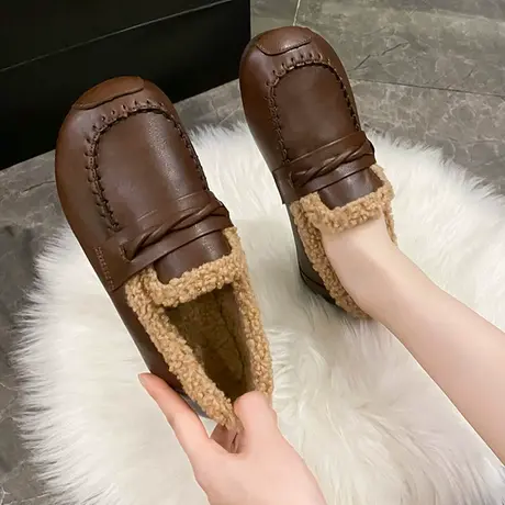 加绒厚底一脚蹬乐福鞋子女秋冬2023年新款百搭棉鞋毛毛鞋外穿单鞋图片