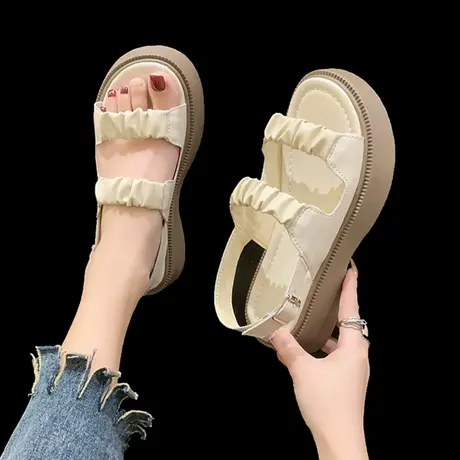 松糕厚底罗马凉鞋女夏季2023年新款中跟网红超火时尚一字带配裙子商品大图