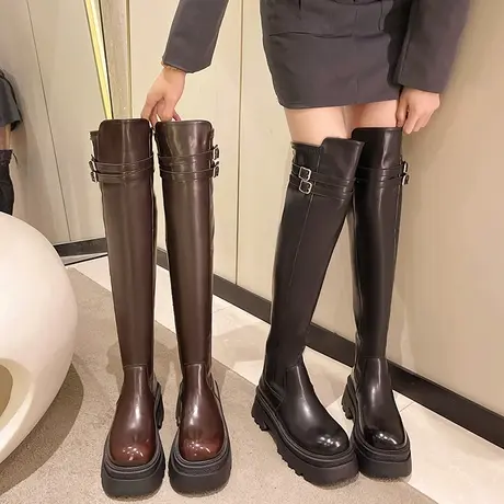 高筒靴女冬加绒2023新款英伦风超火高跟粗跟过膝靴厚底防滑骑士靴图片