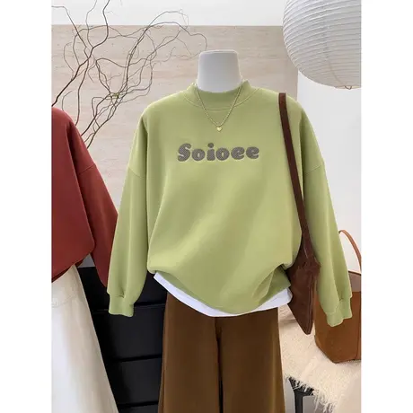 ins超火加绒加厚无帽卫衣女秋冬季宽松显瘦字母刺绣圆领上衣外套商品大图