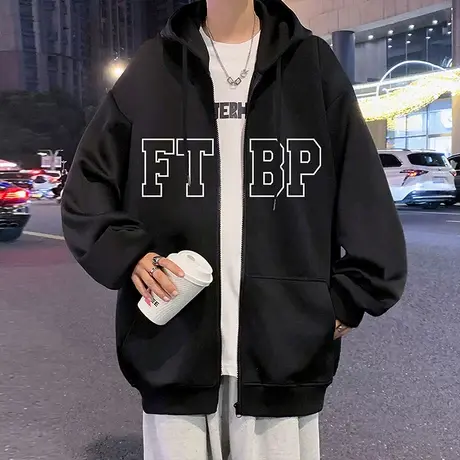 加厚加绒保暖连帽卫衣外套男秋冬季2023新款美式拉链开衫潮牌宽松商品大图