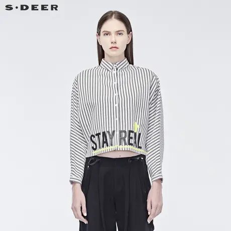 sdeer圣迪奥2019秋潮流翻领字母蝙蝠袖条纹衬衫S19160502图片