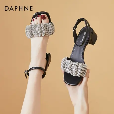 达芙妮女鞋夏季一字扣中跟凉鞋2022年新款水钻粗跟高跟鞋女配裙子商品大图