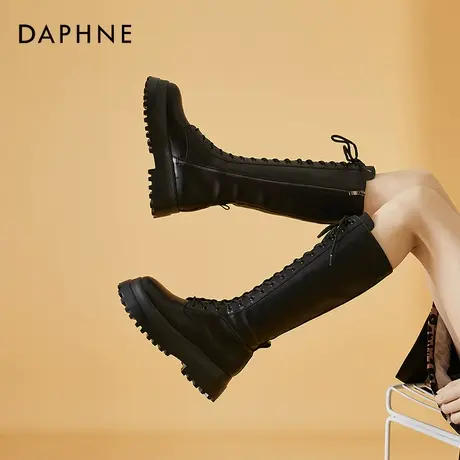 达芙妮长筒靴女2021年新款秋冬加绒不过膝厚底骑士靴粗腿高筒女靴商品大图