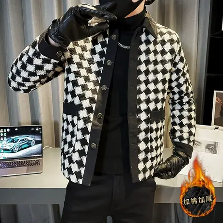 冬季男款加厚外套轻奢小香格子棉衣男潮流时尚单排扣上衣男生外套图片