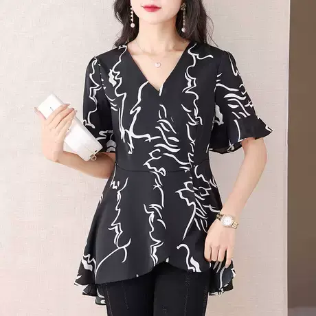 伊自尚2024年夏季新款女装时尚大码胖mm宽松显瘦雪纺V领衬衫上衣图片