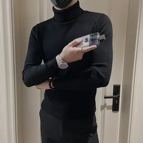 高领毛衣男冬季2023新款韩版纯色修身加厚套头内搭打底针织衫线衣商品大图