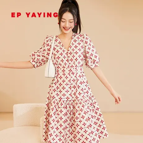 [唐嫣同款]EP雅莹女装 V领云感棉泡泡袖茶歇裙 春夏商场同款4629B图片