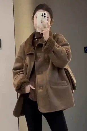 欧货冬季羊羔毛美拉德外套女保暖加厚皮毛一体机车服中长款大衣潮商品大图