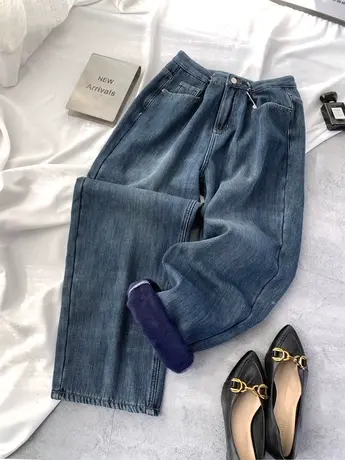 2023冬季新款加绒牛仔阔腿裤高腰显瘦时尚百搭调节扣宽松直筒长裤商品大图