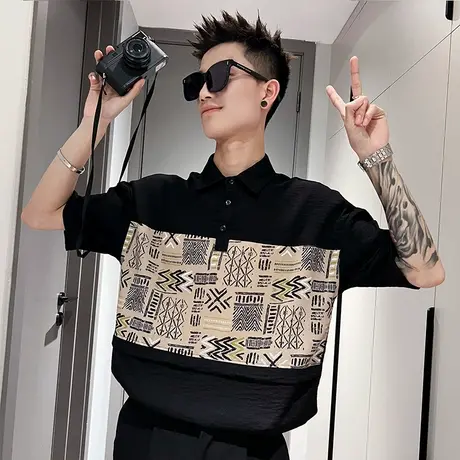 夏季拼接设计衬衫男短袖休闲宽松帅气半袖寸衫2023新款发型师衬衣商品大图