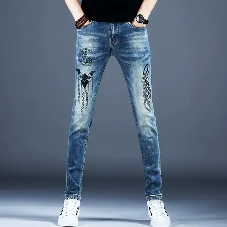 高端烫钻牛仔裤男款小脚裤子弹力百搭2024新款春秋款潮牌修身美式商品大图