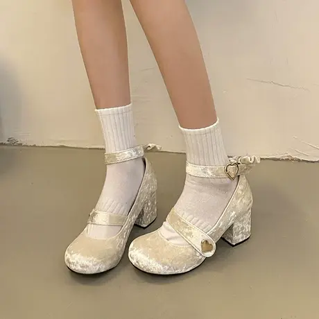 法式玛丽珍鞋女2023年秋冬季新款一字扣带粗跟单鞋气质浅口高跟鞋图片