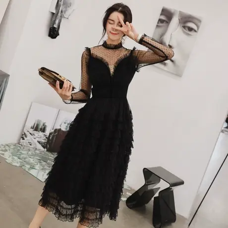 2024女装新款秋季修身气质网红连衣裙黑色深V领性感显瘦小礼服裙商品大图