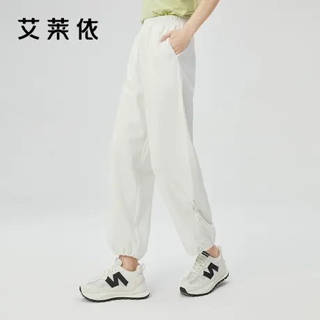 艾莱依白色运动裤女夏季休闲阔腿2022新款直筒宽松九分抽绳束脚裤商品大图