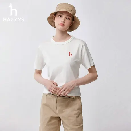 Hazzys哈吉斯白色短袖T恤女士夏季纯棉圆领体恤衫纯色休闲上衣商品大图