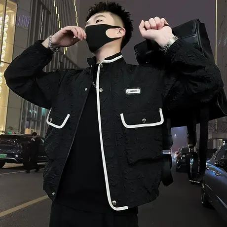 韩版立领外套男潮牌男装褂子2024新款春季撞色褶皱设计感夹克上衣商品大图