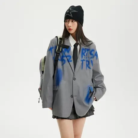 复古潮牌设计感西装外套女春秋2024新款涂鸦风印花情侣装夹克上衣商品大图
