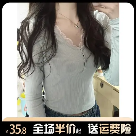 芭蕾风假两件蕾丝长袖t恤女秋冬内搭打底衫设计感小众独特上衣春商品大图
