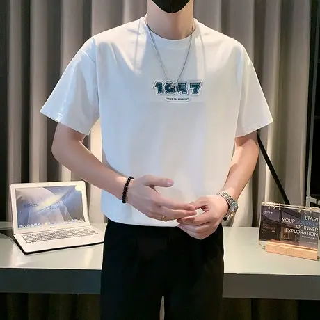 2024新款夏季潮牌字母T恤男短袖ins小众重磅宽松打底轻熟半袖上衣商品大图