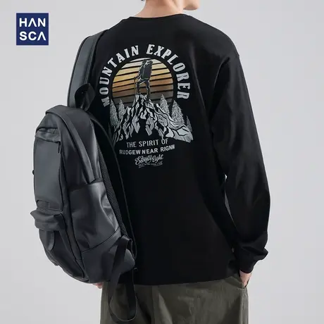 hansca 260g重磅长袖t恤男秋季黑色纯棉圆领字母印花休闲大码上衣商品大图