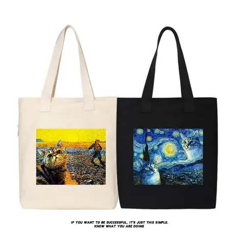 秀洛梵高油画星空花卉猫咪猫猫头背包学生上课书包手提单肩帆布包商品大图