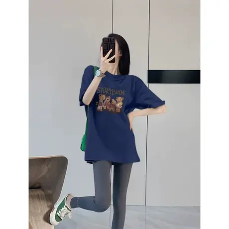 欧版藏蓝色短袖T恤女2024年夏季新款纯棉设计感小众大版宽松上衣商品大图