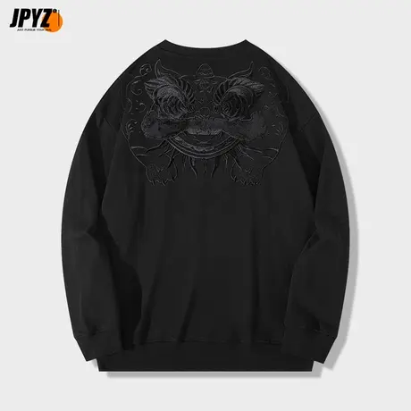 男士醒狮刺绣圆领纯棉卫衣套头秋冬潮牌中国风女生情侣上衣外套商品大图