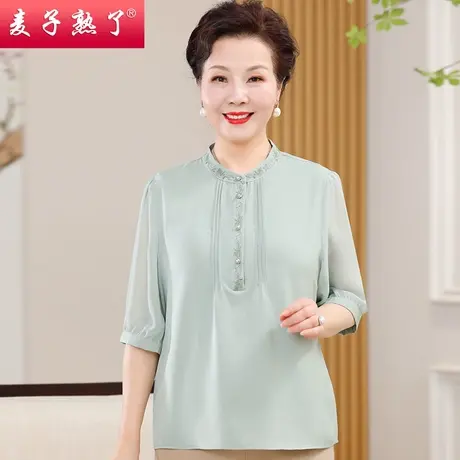 妈妈春装2024新款纯色绣花打底衬衫阔太太中老年人女奶奶装夏衣服商品大图