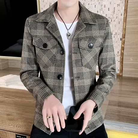 秋冬季新款帅气青年格子夹克男士修身翻领短款呢子风衣外套潮工装图片