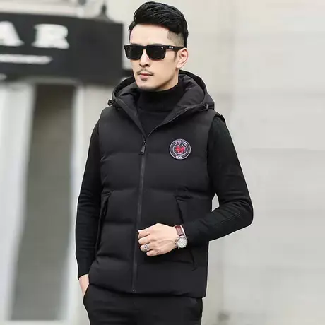 雪中飞2023秋冬男马甲白鸭绒休闲商务时尚保暖连帽短款背心羽绒服图片