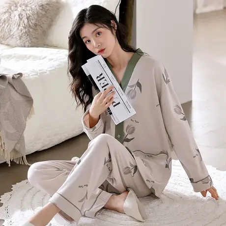 婷美秋冬款睡衣女纯棉开衫长袖休闲可外穿家居服两件套女春秋季商品大图