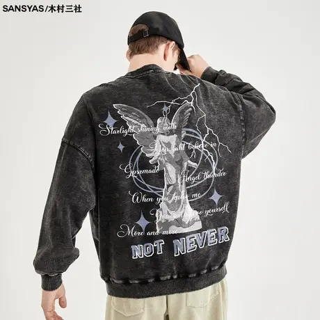 木村三社天使雕像印花复古水洗圆领卫衣纯棉青少年宽松男装上衣潮图片