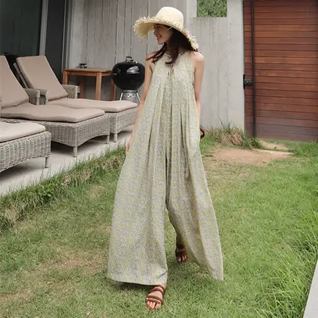 阔腿碎花连体裤裙女宽松大码无袖连体衣长裤休闲学生宽松背带裤潮商品大图