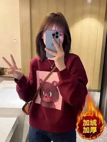 圆领加绒卫衣女2023秋冬新款韩版叠穿内搭小个子加厚时尚洋气上衣商品大图