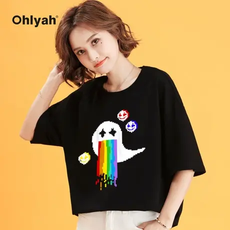 Ohlyah彩虹幽灵小魔鬼涂鸦潮牌t恤女纯棉宽松五分袖夏装情侣短袖商品大图