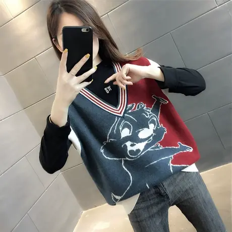 洋气卡通V领提花针织背心马夹女2023春新款宽松韩版外搭无袖马甲商品大图