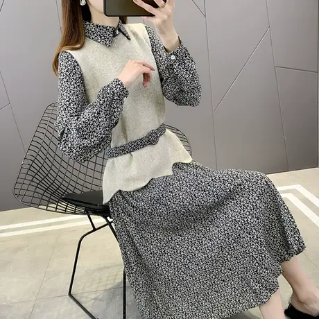 秋冬新款碎花连衣裙女装2023年新款法式气质两件套别致时尚打底裙图片