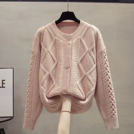 圆领针织开衫女2023秋冬新款宽松慵懒风外穿上衣加厚麻花毛衣外套商品大图