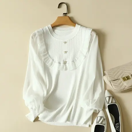 冰丝针织衫女雪纺袖秋装2023年新款长袖上衣修身洋气蕾丝打底衫女图片