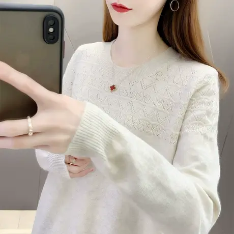 圆领毛衣女宽松套头针织衫2022年新款春季女装纯色百搭打底上衣女商品大图