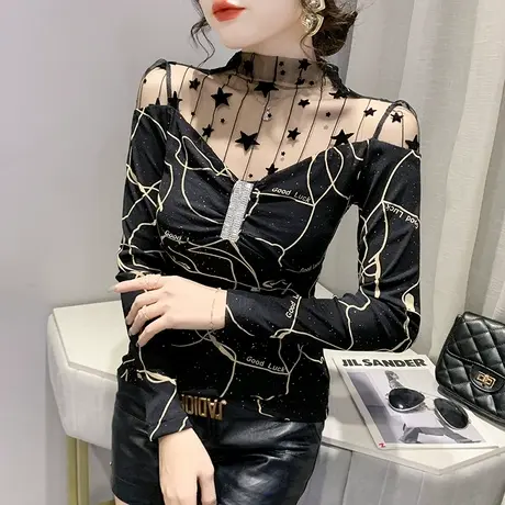 2023春秋新款网纱拼接上衣欧货性感镂空T恤女长袖洋气内搭打底衫商品大图