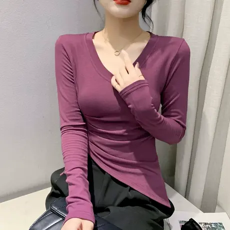 欧货设计感开叉T恤女长袖纯色内搭修身打底衫春秋不规则气质上衣商品大图